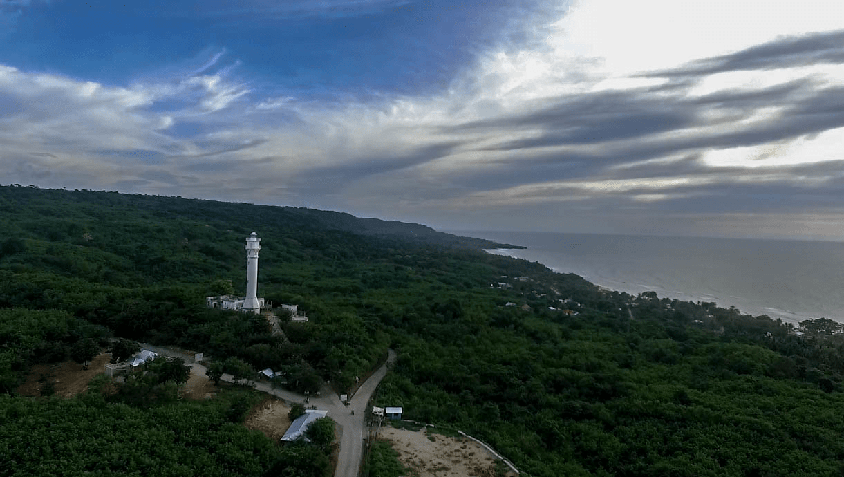 cape bolinao lighthouse in pangasinan philippines taken by drone image aerial photo